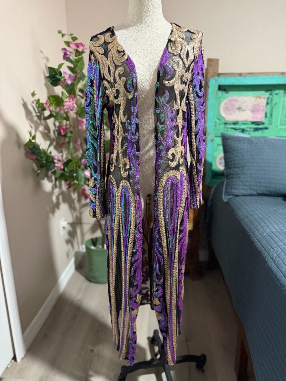 I ♥ Southern Purple Gold Sequin Mesh Duster Jacket Open Front